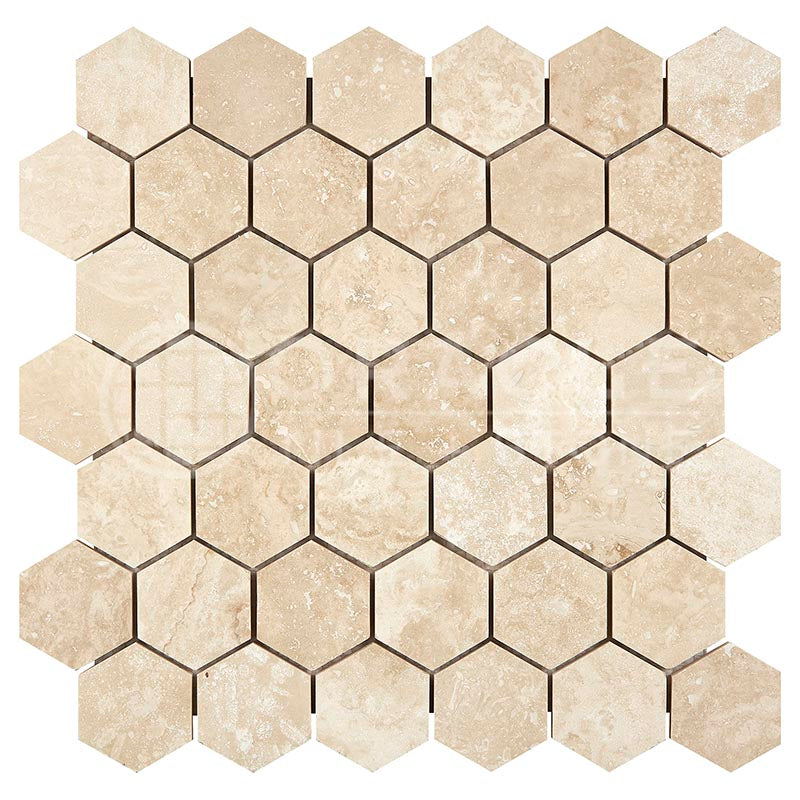 Ivory (Light) Travertine 2" X 2" Hexagon Mosaic Filled & Honed