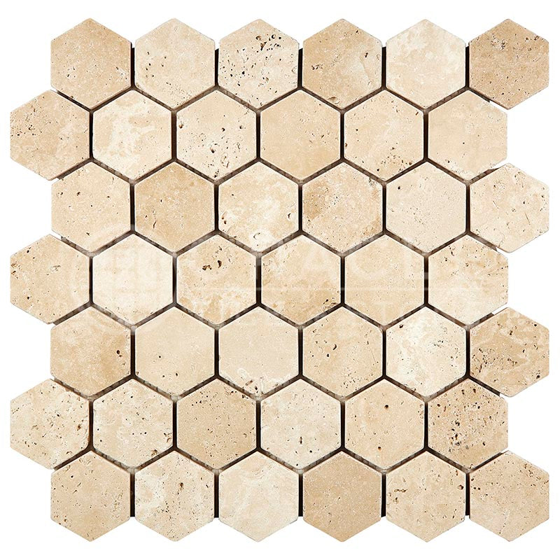 Ivory / Light Travertine - 2" Hexagonal Mosaic Tile