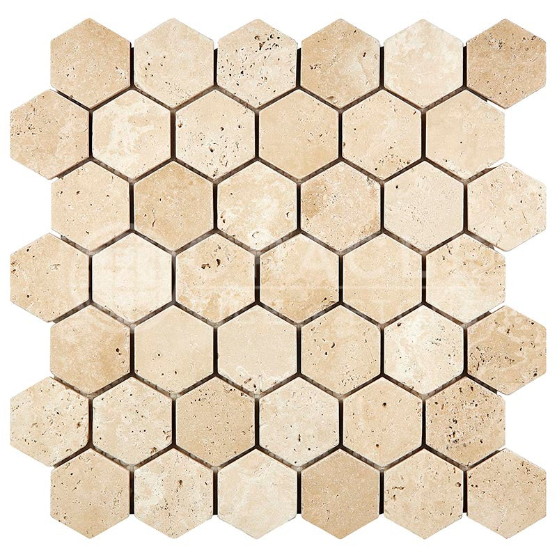 Ivory (Light) Travertine 2" X 2" Hexagon Mosaic Tumbled