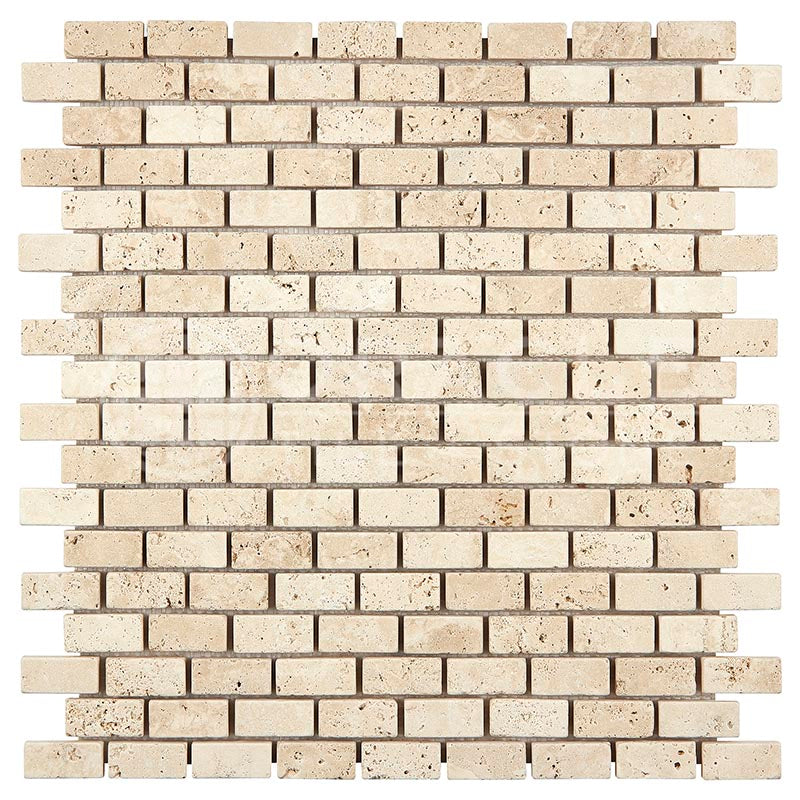 Ivory (Light) Travertine 5/8" X 1 1/4" Mini-Brick Mosaic Tumbled