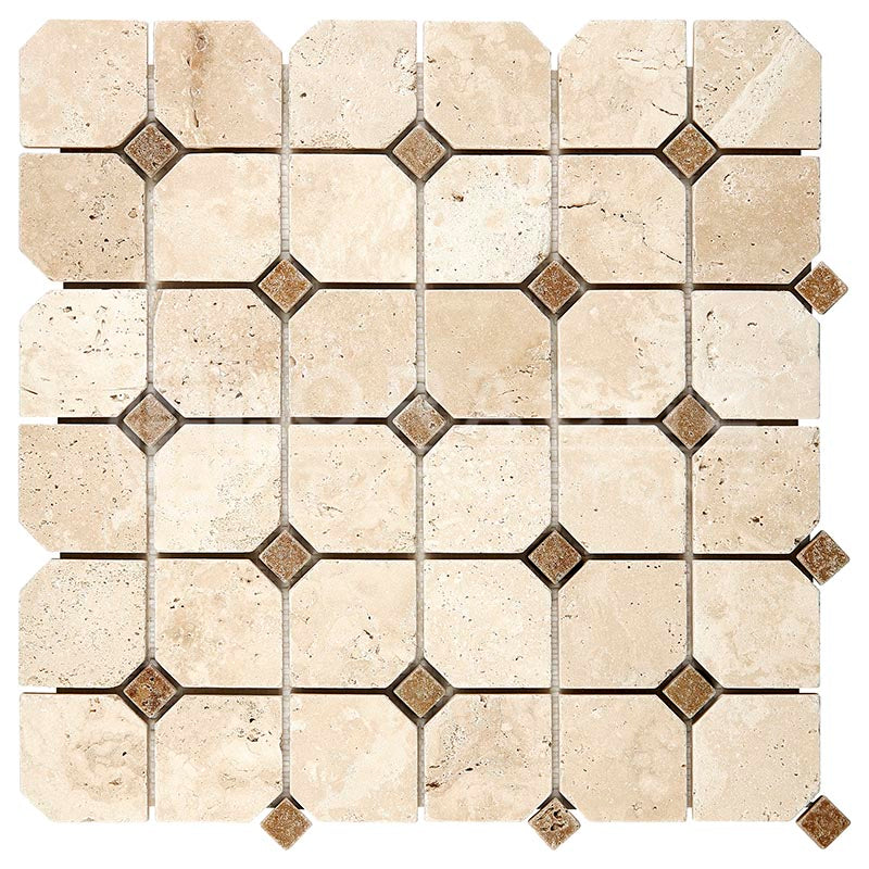 Ivory / Light Travertine - Octagonal Mosaic Tile w/ Noce Travertine Dots
