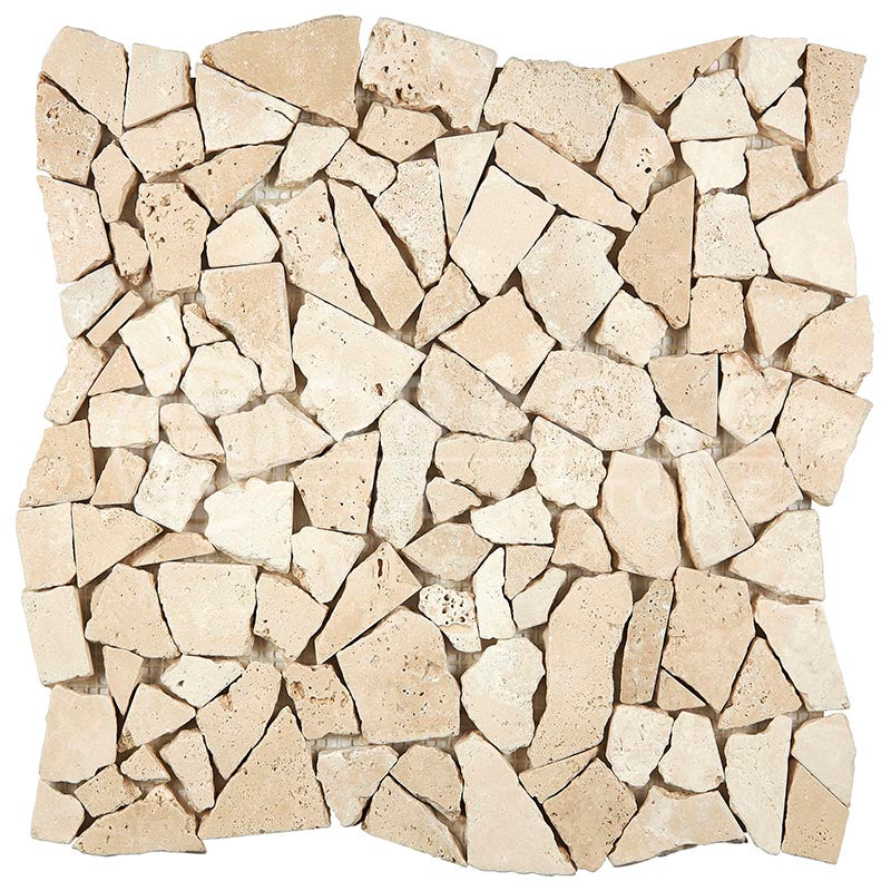 Ivory (Light) Travertine Flat Pebble / Paledian (Random Broken) Mosaic Tumbled
