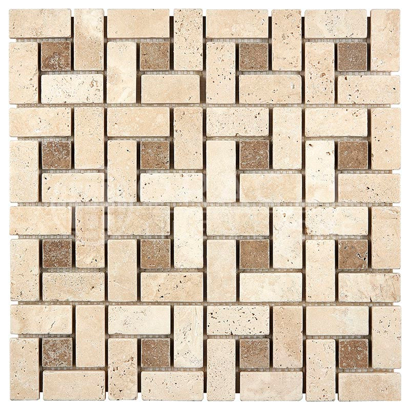 Ivory / Light Travertine - Pinwheel (LARGE) Mosaic Tile w/ Noce Travertine Dots
