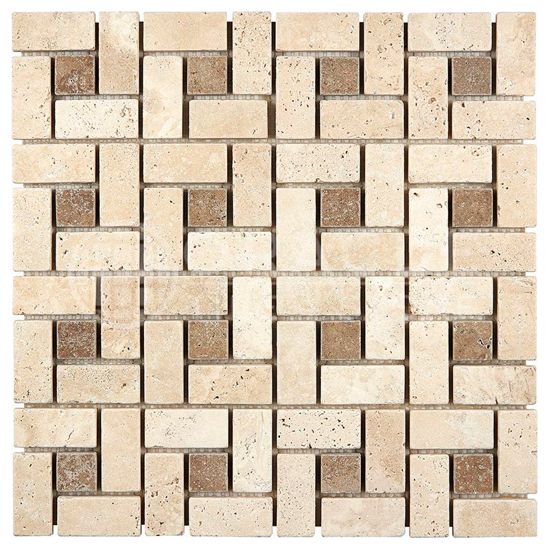 Ivory (Light) Travertine 1" X 2" Pinwheel (LARGE) Mosaic w/ Noce Dots Tumbled