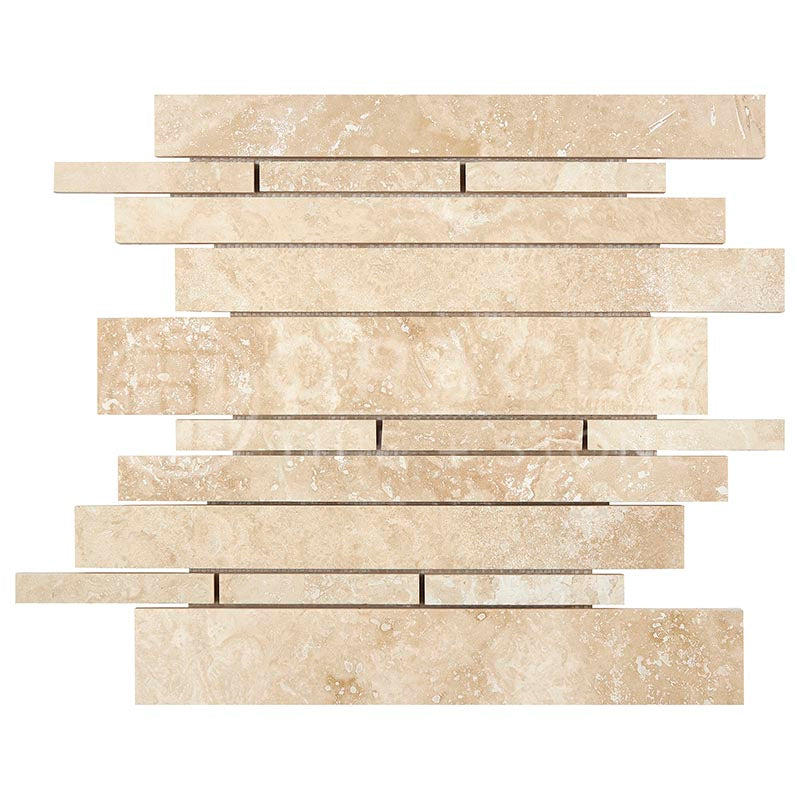 Ivory / Light Travertine - Random-Strip (Manhattan) Mosaic Tile