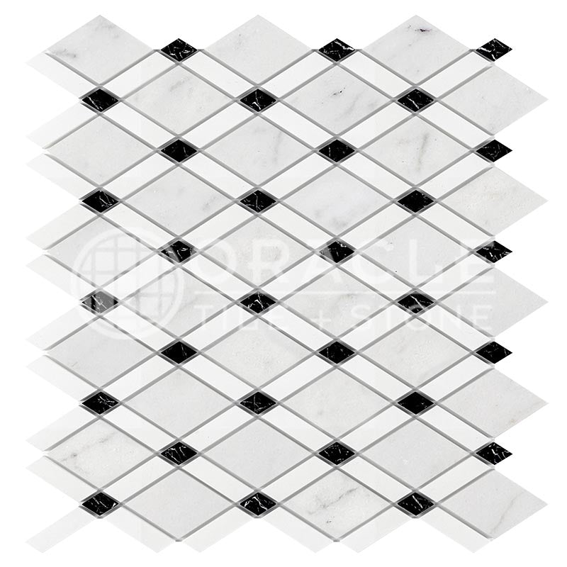 Italian Carrara White & Greek Thassos White Marble - Lattice Mosaic Tile w/ Black Marble Strips
