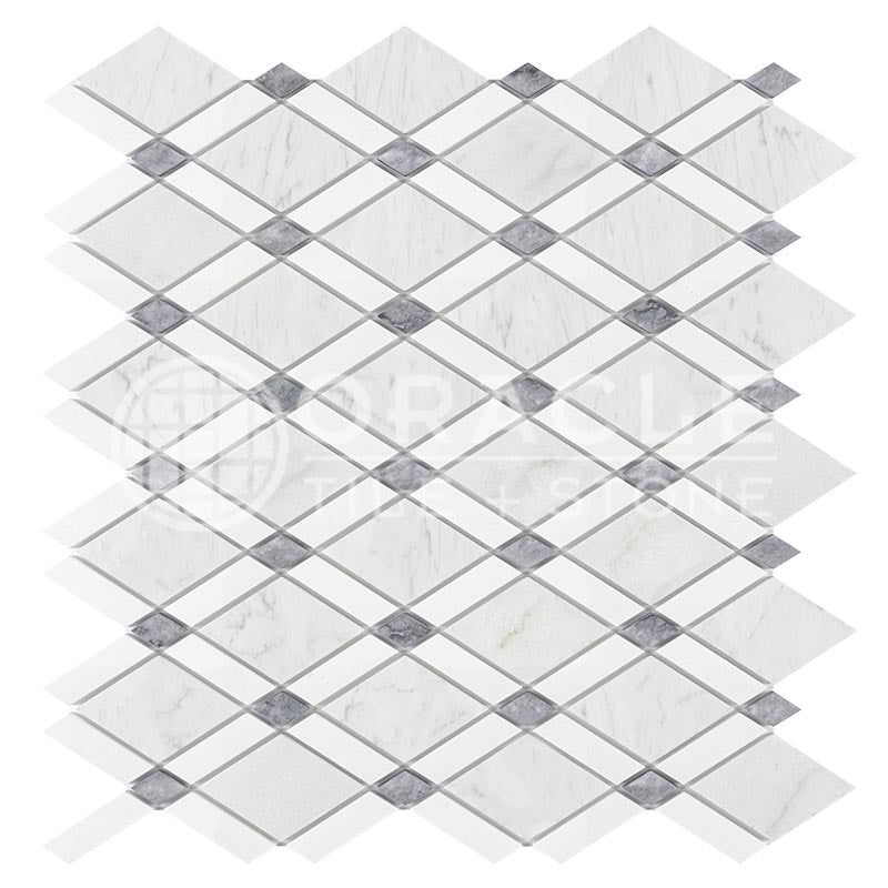 Italian Carrara White & Greek Thassos White Marble - Lattice Mosaic Tile w/ Bardiglio Blue-Gray Marble Strips