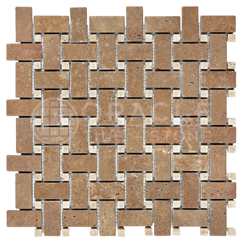 Noce Travertine - Basketweave Mosaic Tile with Ivory / Light Travertine  Dots