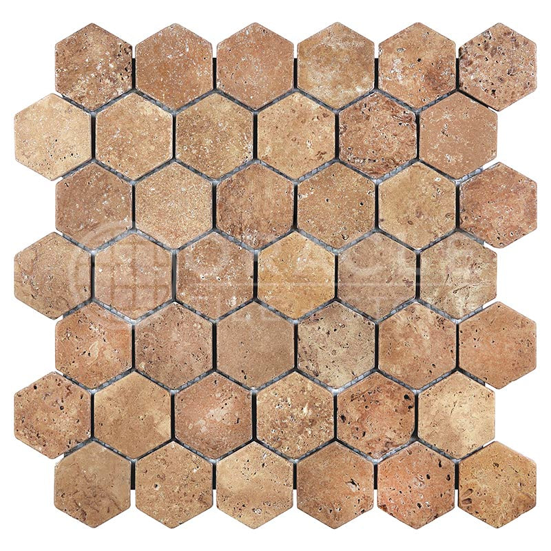Noce Travertine - 2" Hexagonal Mosaic Tile