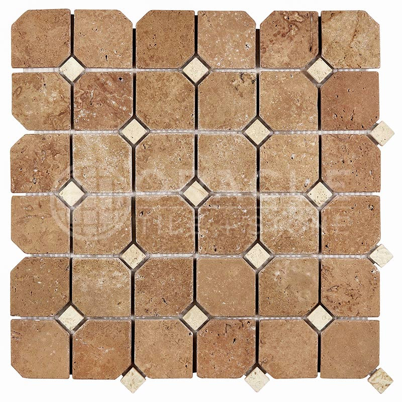 Noce Travertine - Octagonal Mosaic Tile w/ Ivory / Light Travertine Dots