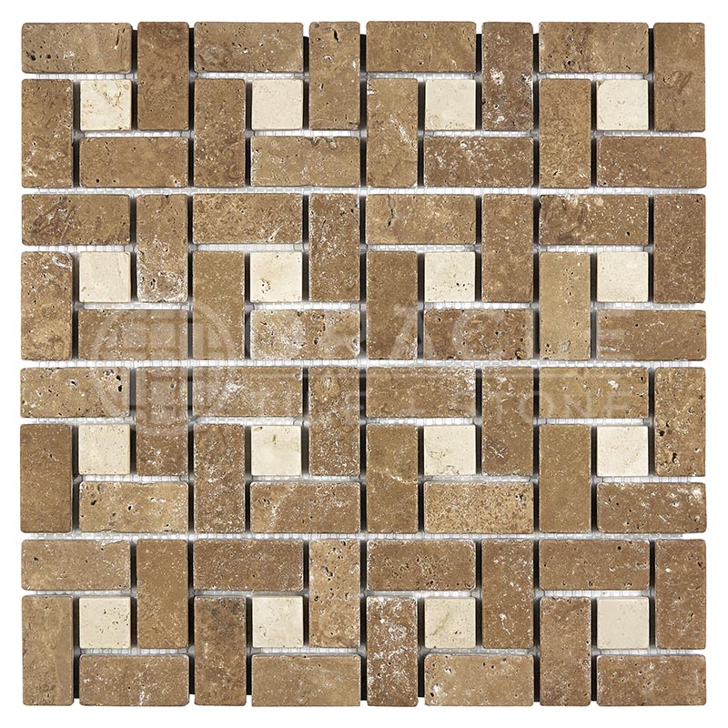 Noce Travertine - Pinwheel (LARGE) Mosaic Tile w/ Ivory / Light Travertine Dots