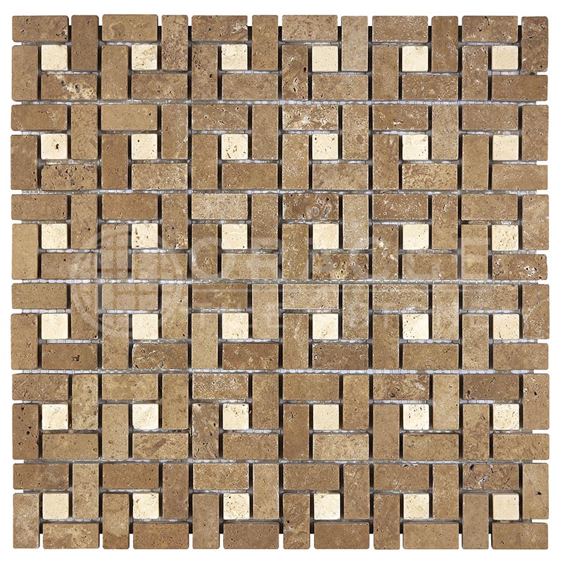 Noce Travertine - Pinwheel (SMALL) Mosaic Tile w/ Ivory / Light Travertine Dots