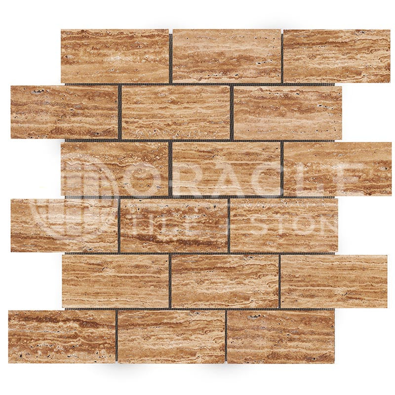Noce Exotic (Vein-Cut) Travertine - 2" X 4" Brick Mosaic Tile