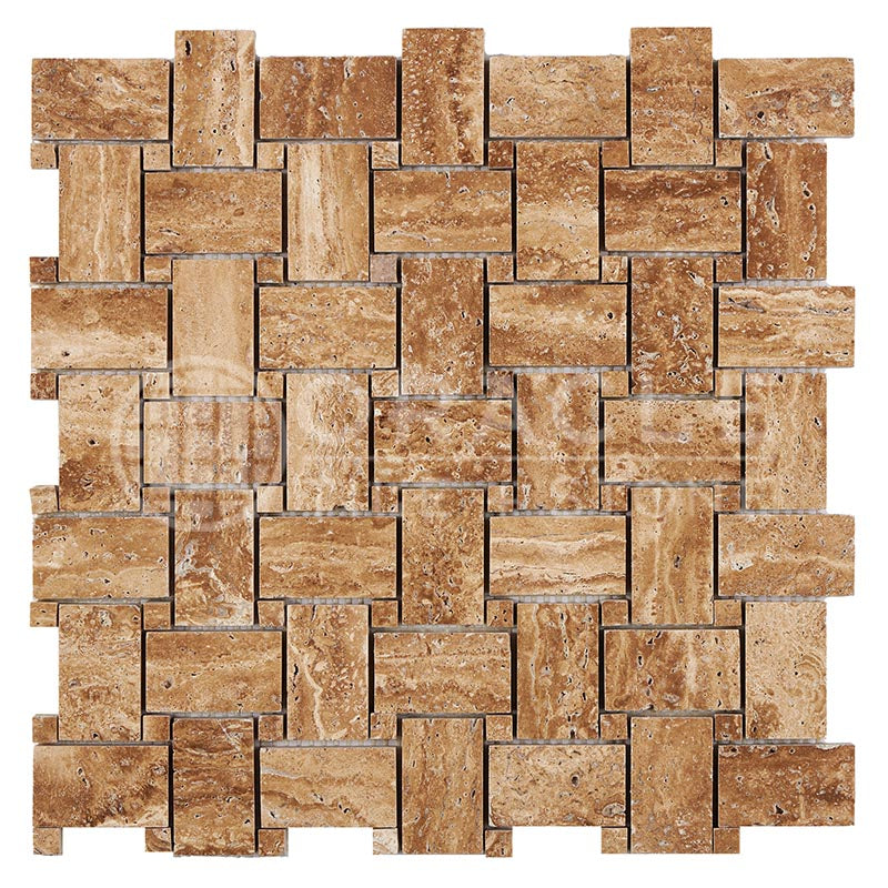 Noce Exotic (Vein-Cut) Travertine - Basketweave Mosaic Tile w/ Noce Exotic Travertine Dots