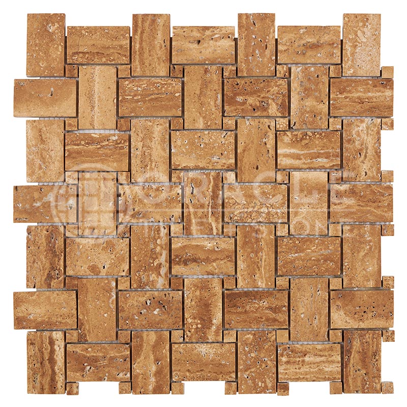 Noce Exotic (Vein-Cut) Travertine - Basketweave Mosaic Tile w/ Noce Exotic Travertine Dots