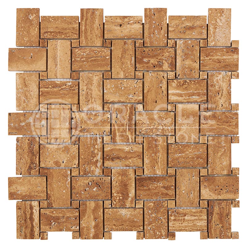 Noce Exotic Travertine	-	Basketweave Mosaic w/ Noce Exotic Dots	Unfilled, Brushed & St.Edged
