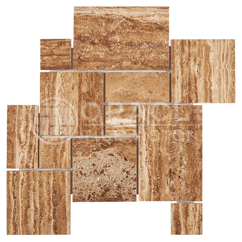 Noce Exotic (Vein-Cut) Travertine - OPUS Pattern (4-Pcs.) Interlocking Mosaic Tile