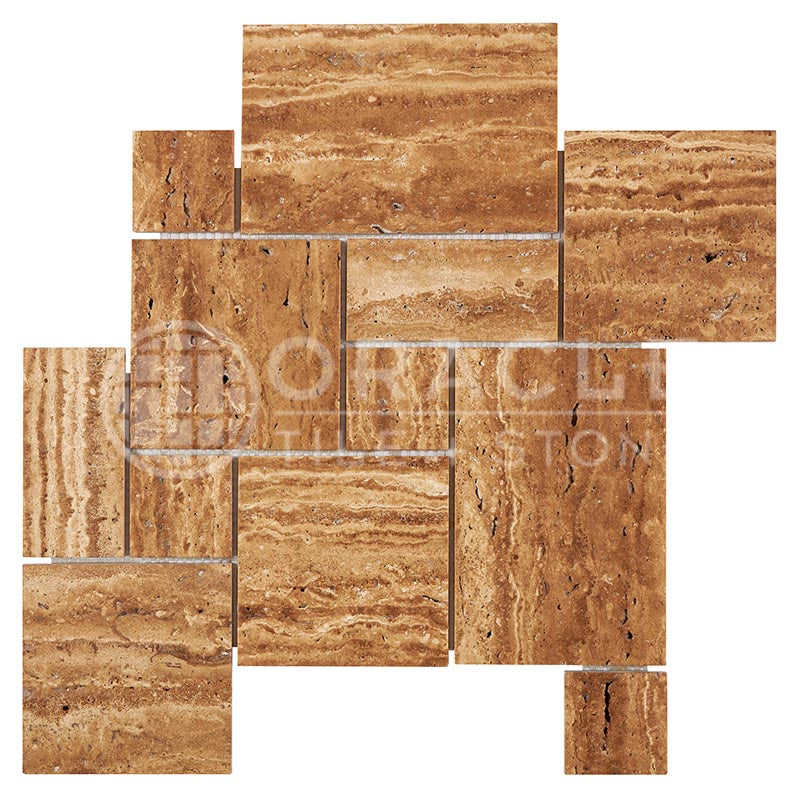 Noce Exotic (Vein-Cut) Travertine - OPUS Pattern (4-Pcs.) Interlocking Mosaic Tile