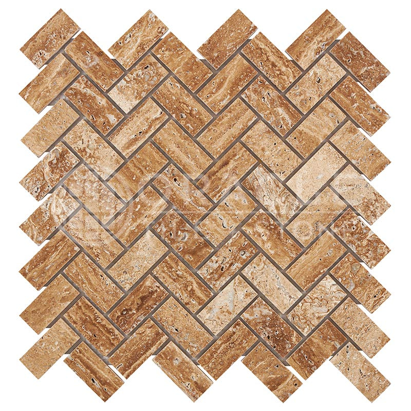 Noce Exotic (Vein-Cut) Travertine - Herringbone (1" X 2") Mosaic Tile