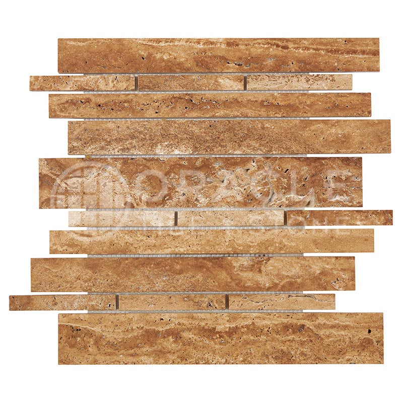 Noce Exotic (Vein-Cut) Travertine - Random-Strip (Manhattan) Mosaic Tile