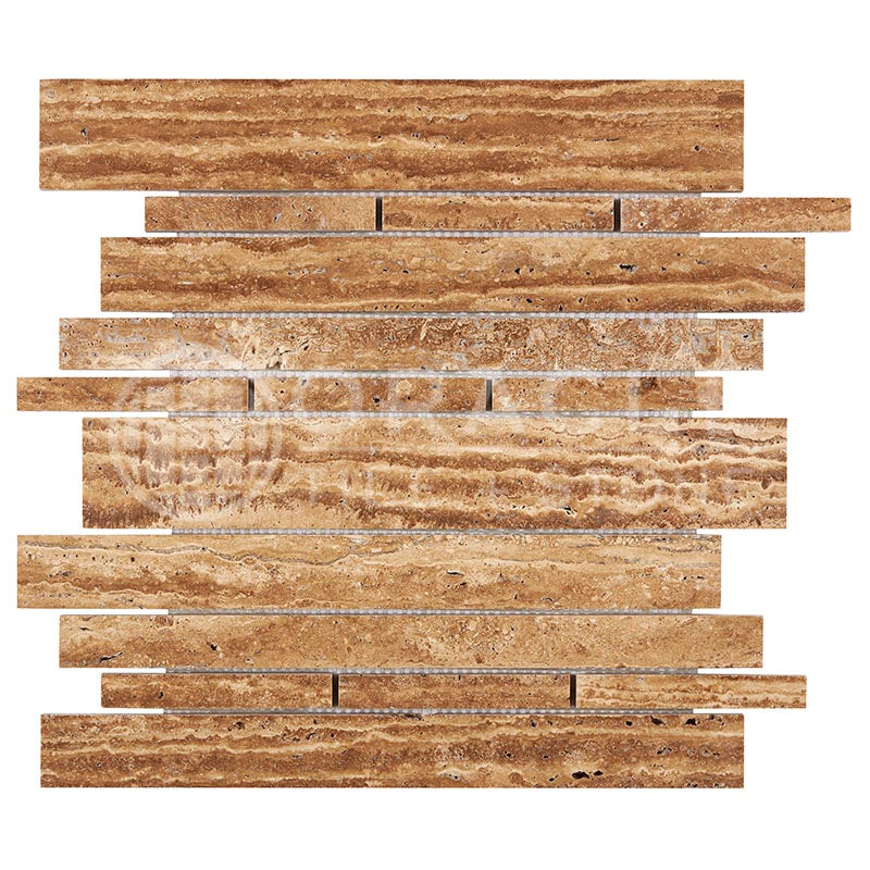 Noce Exotic (Vein-Cut) Travertine - Random-Strip (Manhattan) Mosaic Tile