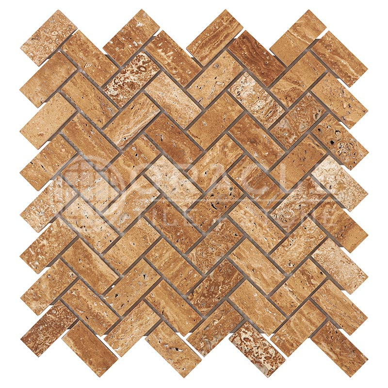 Noce Exotic (Vein-Cut) Travertine - Herringbone (1" X 2") Mosaic Tile