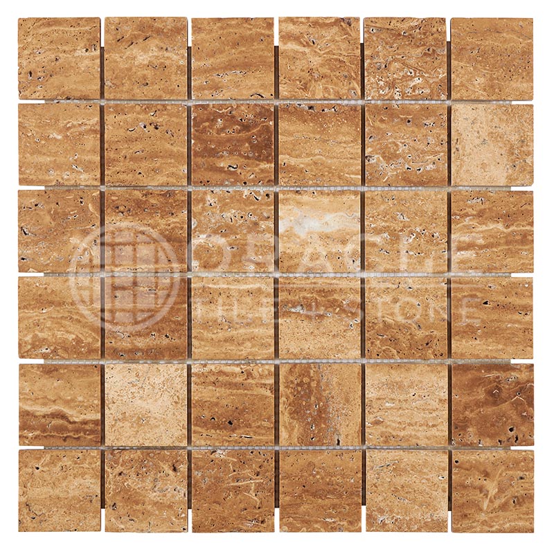 Noce Exotic (Vein-Cut) Travertine - 2" X 2" Mosaic Tile