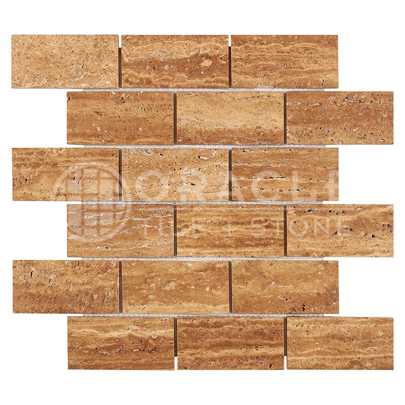 Noce Exotic (Vein-Cut) Travertine - 2" X 4" Brick Mosaic Tile