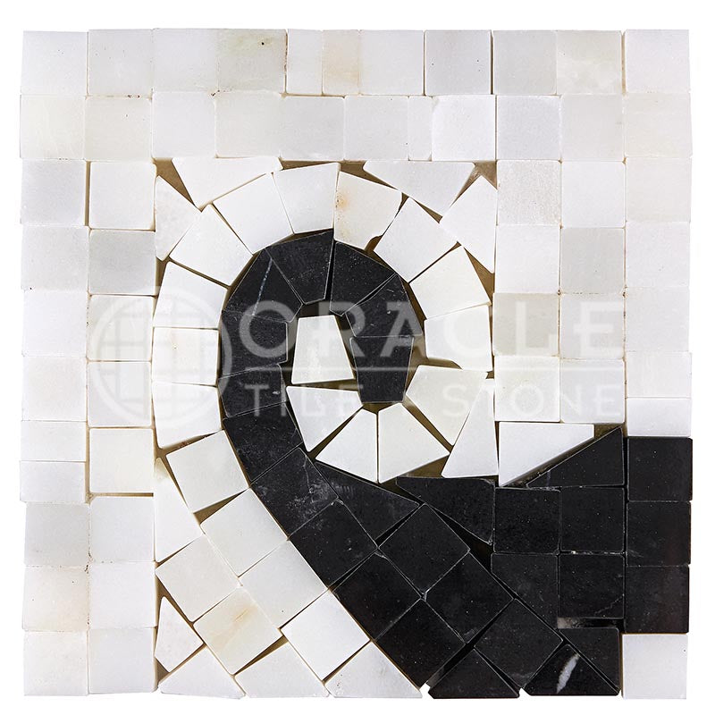 Oriental White (Asian Statuary) Marble - WAVE Border / Listello CORNER with Black Marble Dots