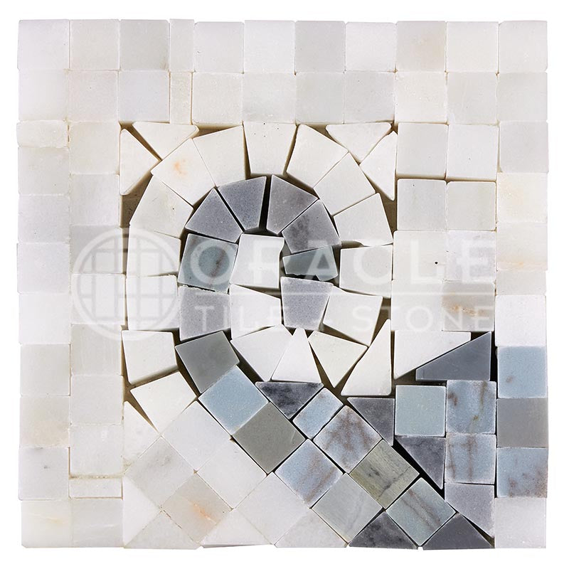 Oriental White (Asian Statuary) Marble - WAVE Border / Listello CORNER with Bardiglio Blue-Gray Marble Dots