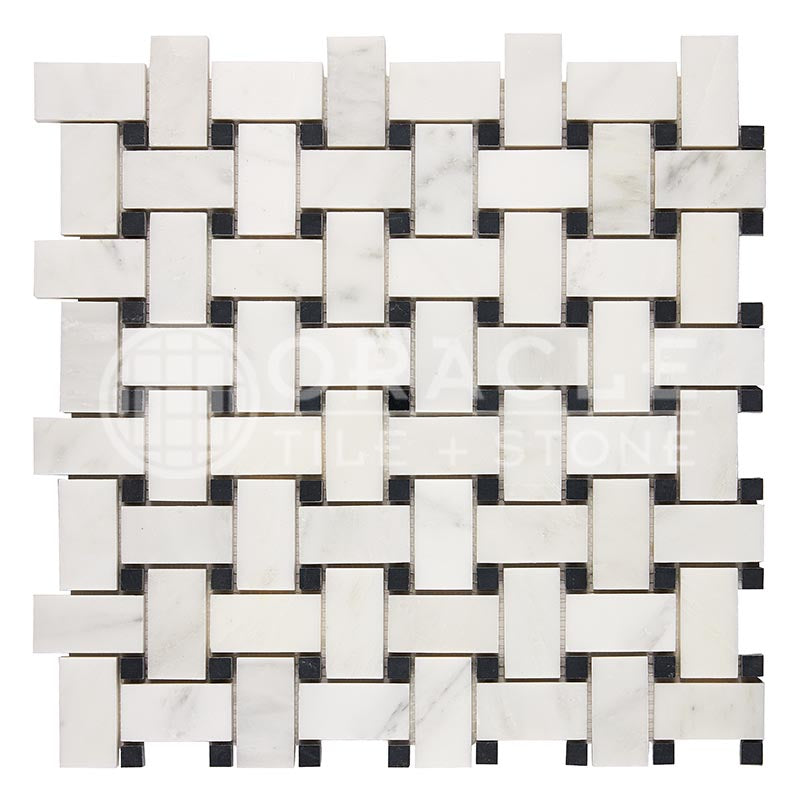 Oriental White (Asian Statuary) Marble - Basketweave Mosaic Tile w/ BLACK Marble Dots