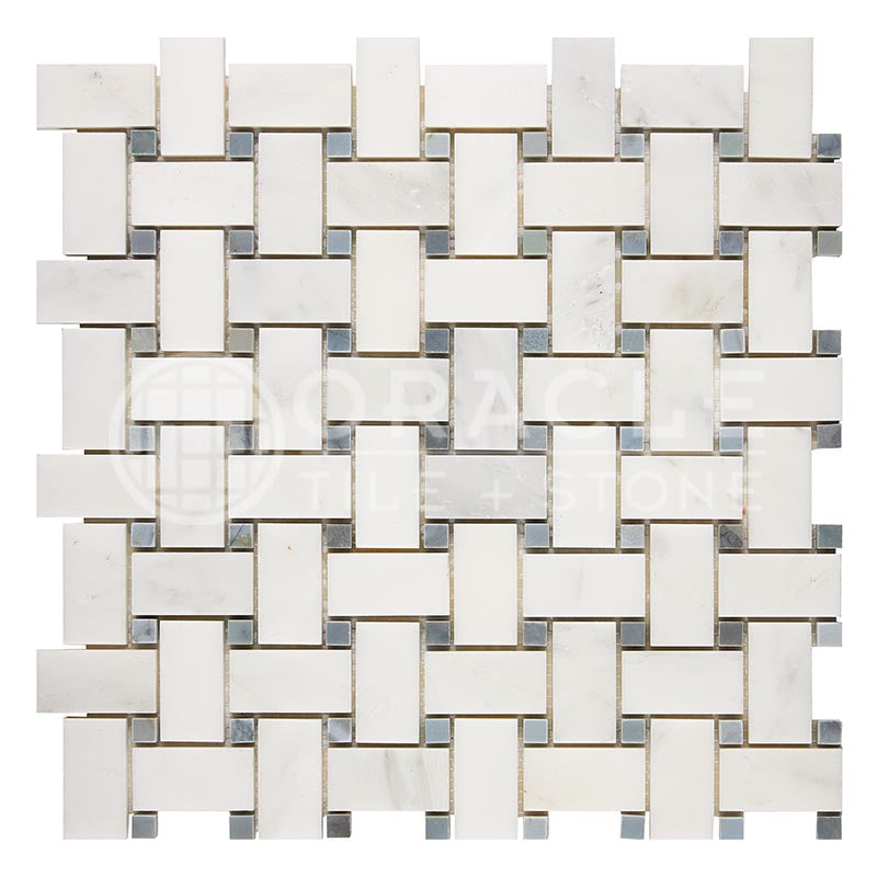 Oriental White (Asian Statuary) Marble - Basketweave Mosaic Tile w/ Bardiglio Blue-Gray Marble Dots