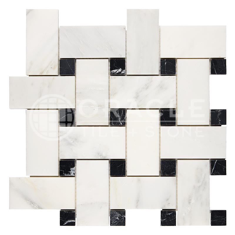 Oriental White (Asian Statuary) Marble - Basketweave (LARGE) Mosaic Tile w/ BLACK Marble Dots