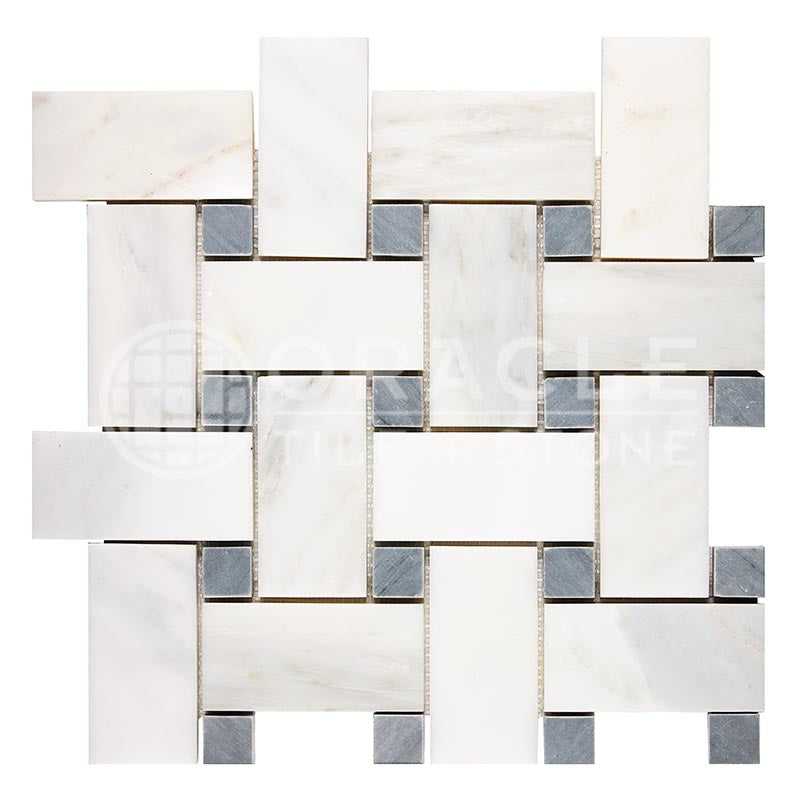 Oriental White (Asian Statuary) Marble - Basketweave (LARGE) Mosaic Tile w/ Bardiglio Blue-Gray Marble Dots