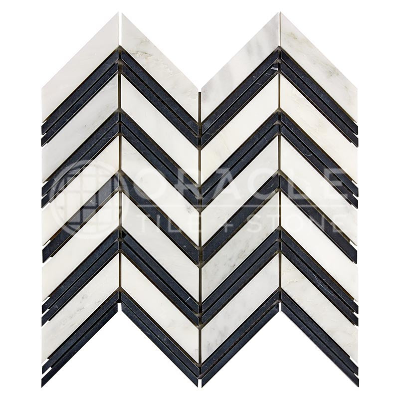 Oriental White (Asian Statuary) Marble - Large-Chevron Mosaic Tile w/ Black Marble Strips