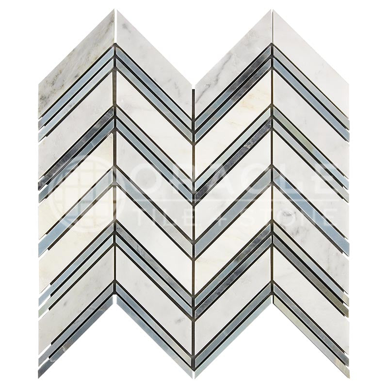 Oriental White (Asian Statuary) Marble - Large-Chevron Mosaic Tile w/ Bardiglio Blue-Gray Marble Strips