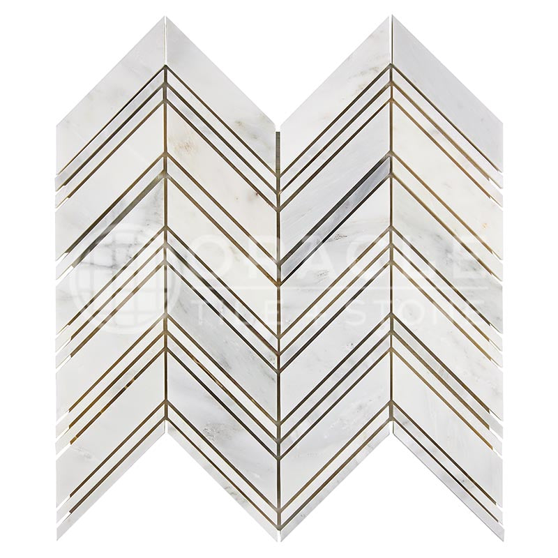 Oriental White (Asian Statuary) Marble - Large-Chevron Mosaic Tile w/ Oriental White Marble Strips