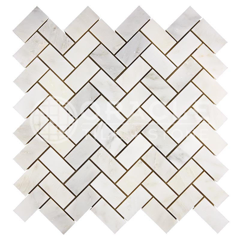 Oriental White (Asian Statuary) Marble - Herringbone (1" X 2")  Mosaic Tile