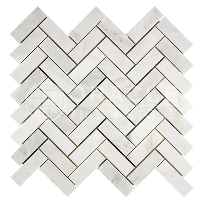 Oriental White (Asian Statuary) Marble - Herringbone (1" X 3")  Mosaic Tile