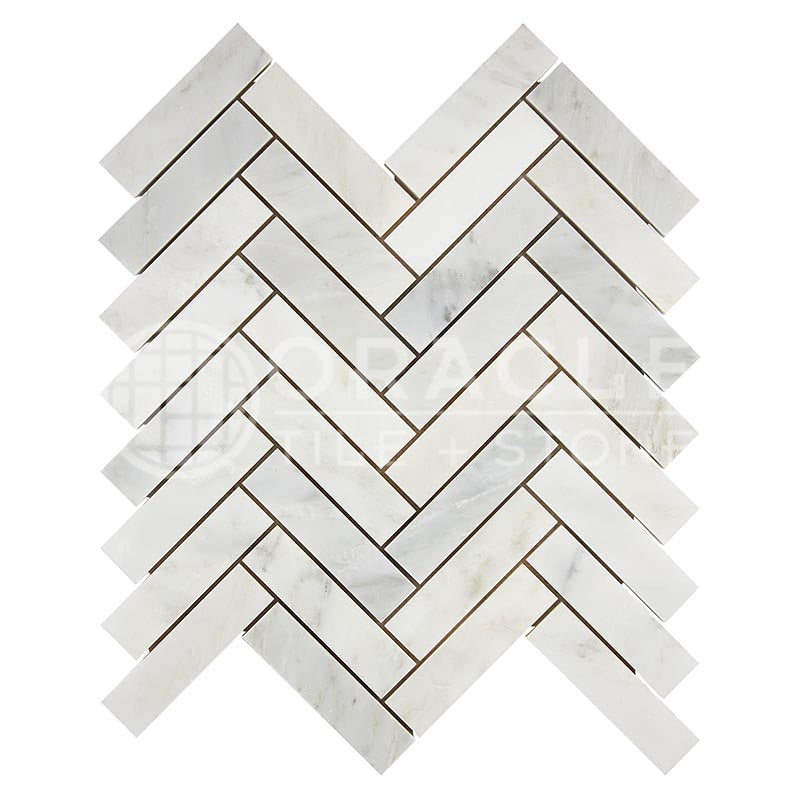 Oriental White (Asian Statuary) Marble - Herringbone (1" X 4")  Mosaic Tile