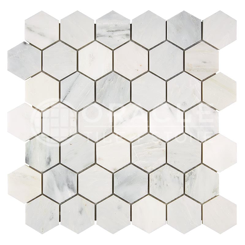 Oriental White (Asian Statuary) Marble - 2" Hexagonal Mosaic Tile