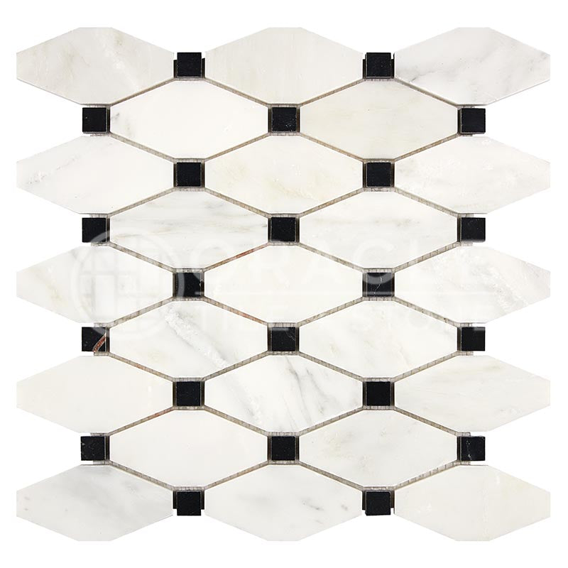 Oriental White (Asian Statuary) Marble - Octave (Long Octagon) Mosaic Tile w/ BLACK Marble Dots