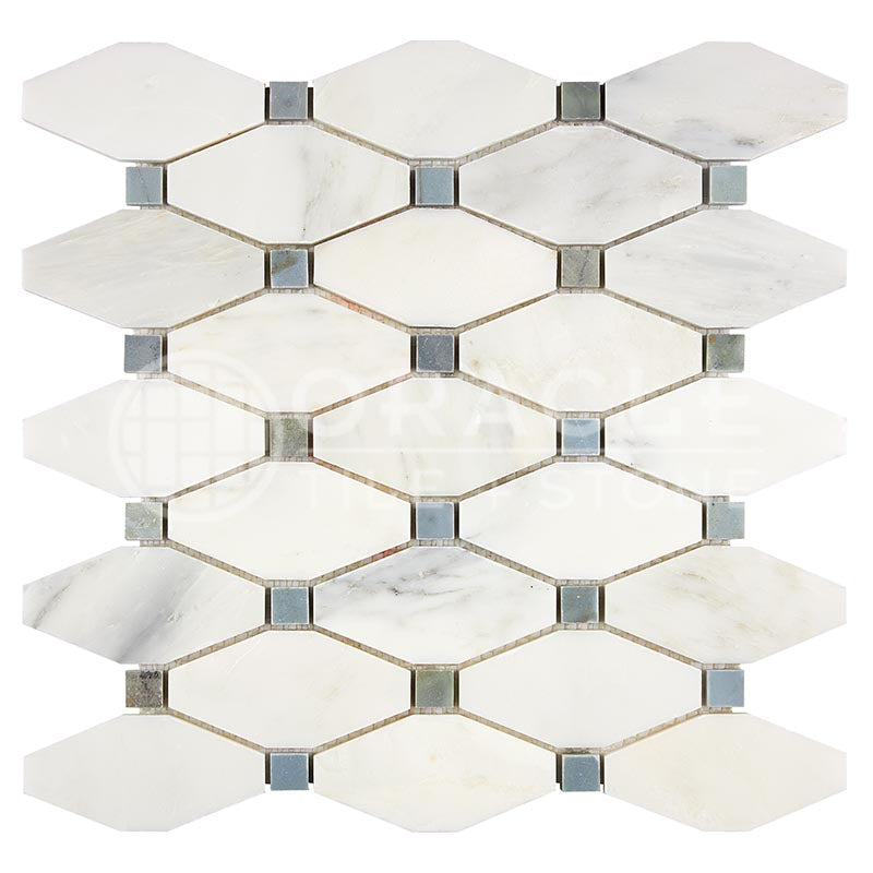 Oriental White (Asian Statuary) Marble - Octave (Long Octagon) Mosaic Tile w/ Bardiglio Blue-Gray Marble Dots