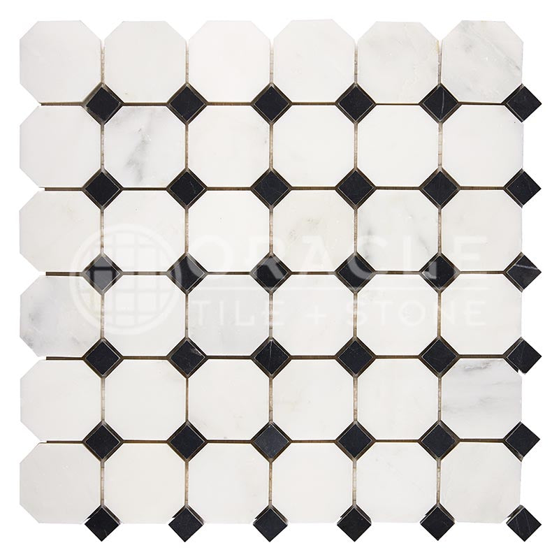 Oriental White (Asian Statuary) Marble - Octagonal Mosaic Tile w/ Black Marble Dots