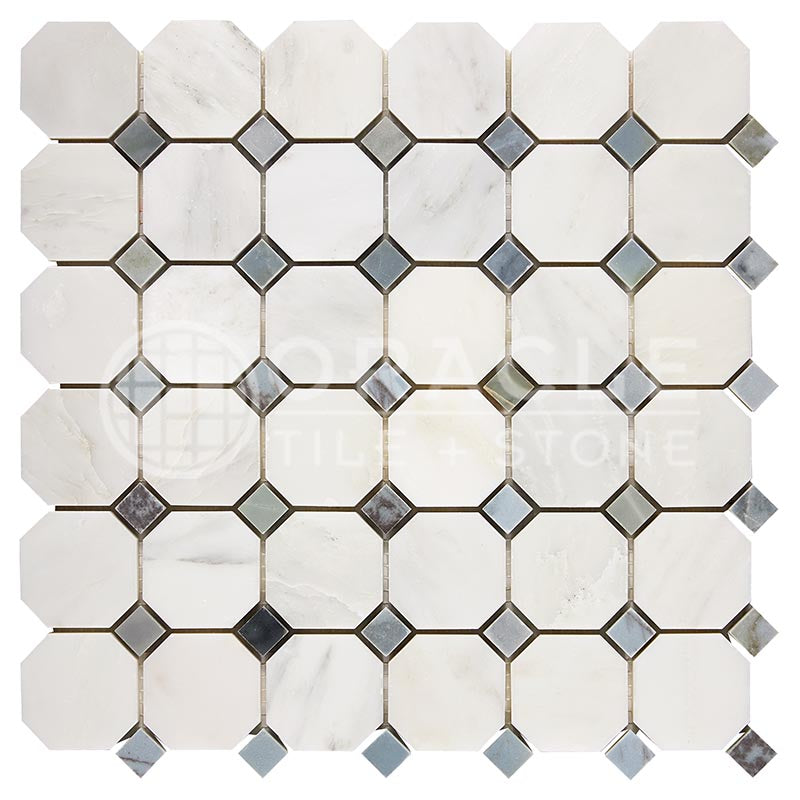 Oriental White (Asian Statuary) Marble - Octagonal Mosaic Tile w/ Bardiglio Blue-Gray Marble Dots