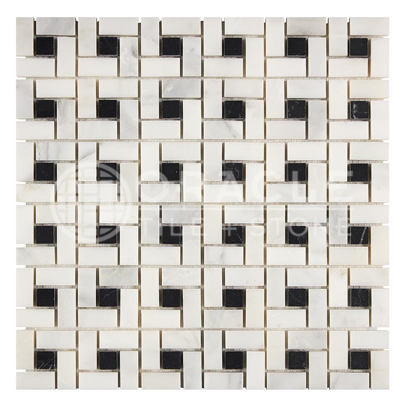 Oriental White (Asian Statuary) Marble - Pinwheel Mosaic Tile w/ BLACK Marble Dots