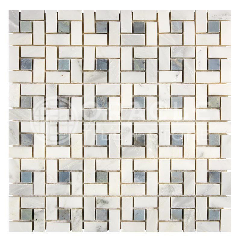 Oriental White (Asian Statuary) Marble - Pinwheel Mosaic Tile w/ Bardiglio Blue-Gray Marble Dots