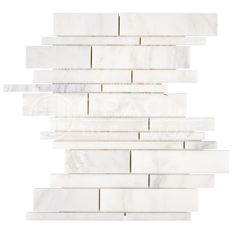 Oriental White (Asian Statuary) Marble - Random-Strip (Manhattan) Mosaic Tile