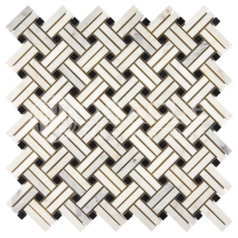 Oriental White (Asian Statuary) Marble - Stanza Mosaic Tile w/ BLACK Marble Dots