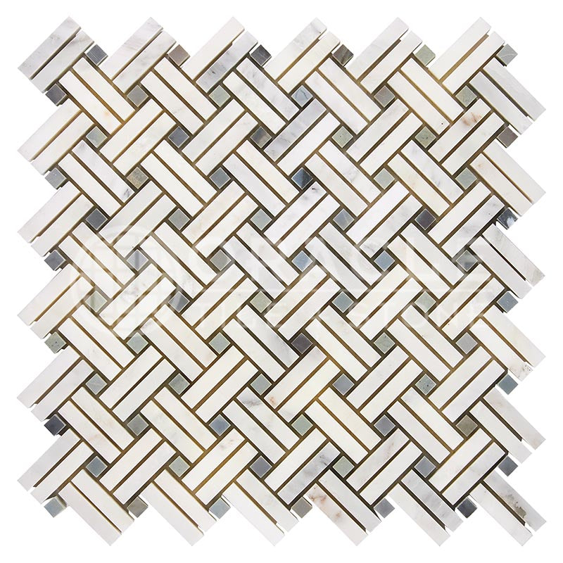 Oriental White (Asian Statuary) Marble - Stanza Mosaic Tile w/ Bardiglio Blue-Gray Marble Dots